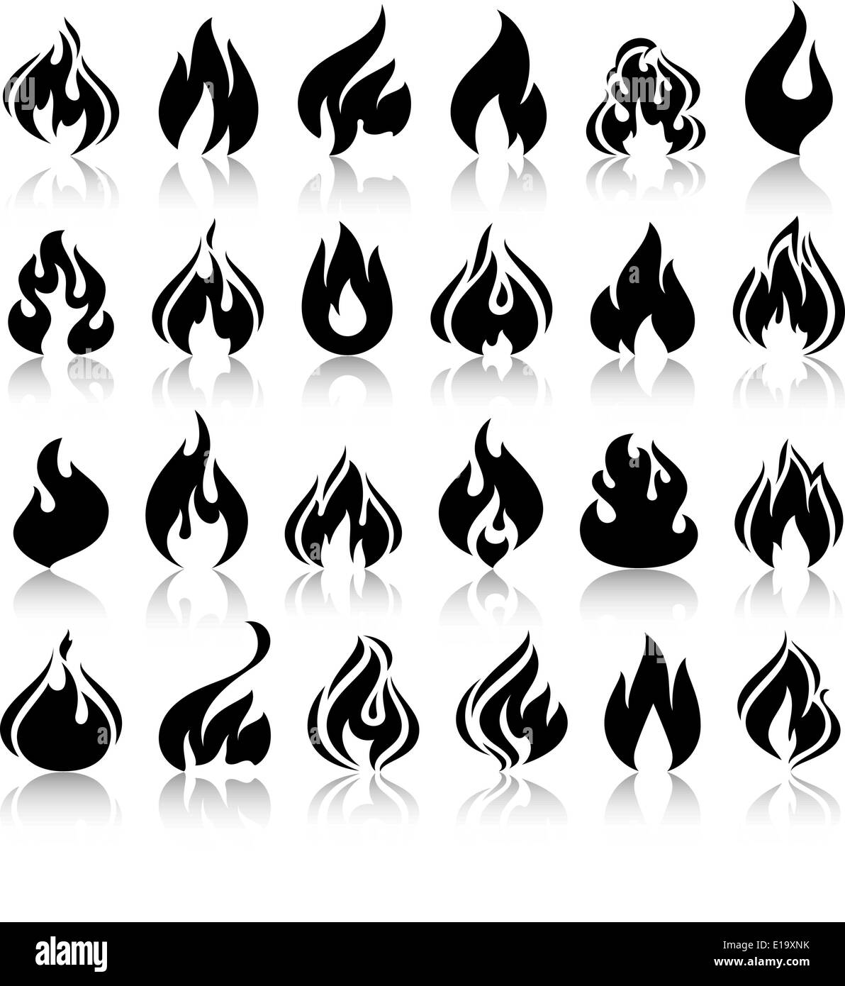 Fire flames, set icons with reflection, vector illustration Stock ...