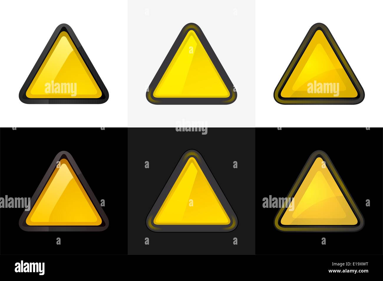 Set 6 colored blank triangle web 2.0 button. Smooth satined shapes on white&black background Stock Vector