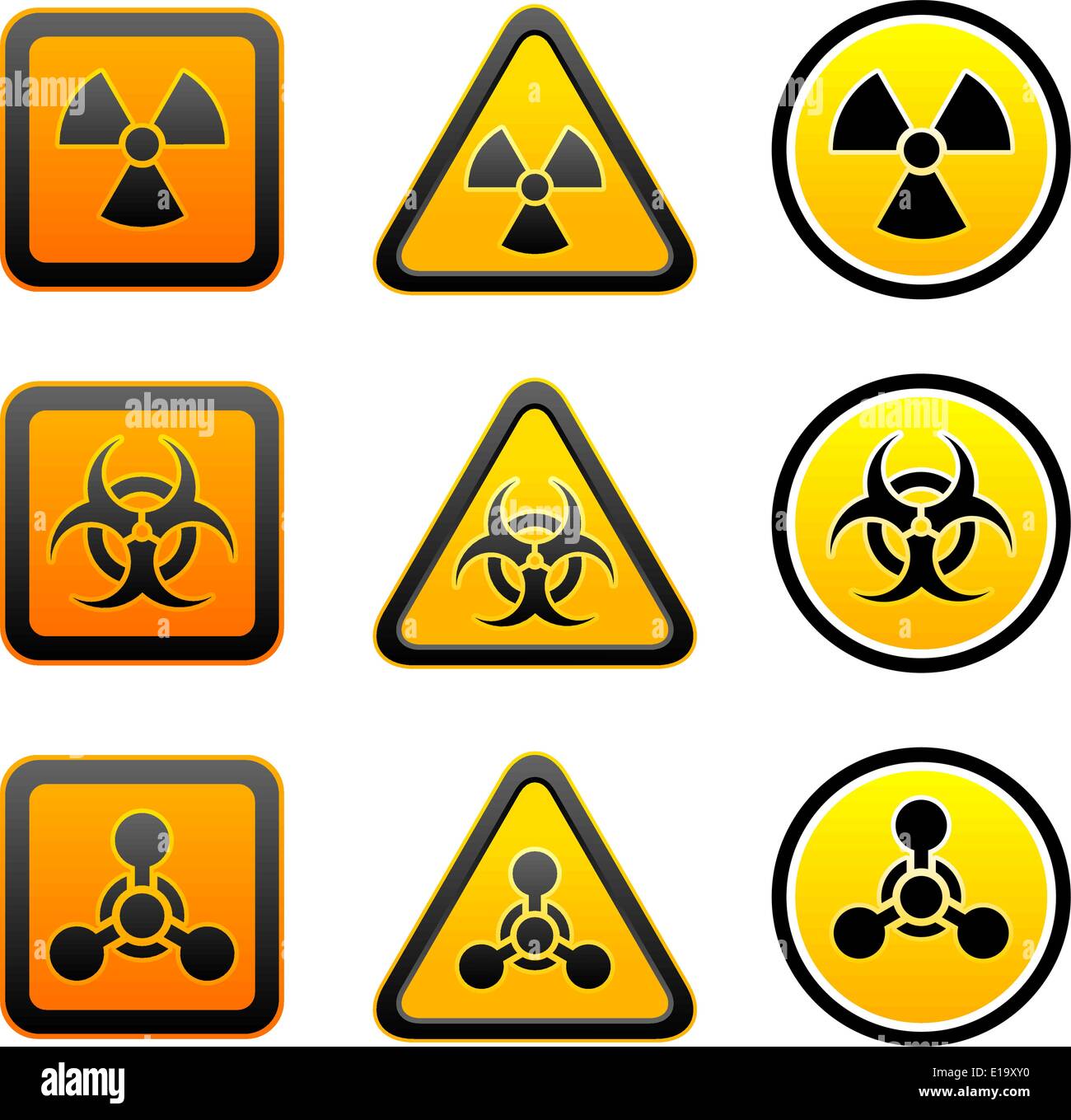 Set hazard warning radioactive symbols - Radiation - Chemical weapon - Biohazard sign Stock Vector