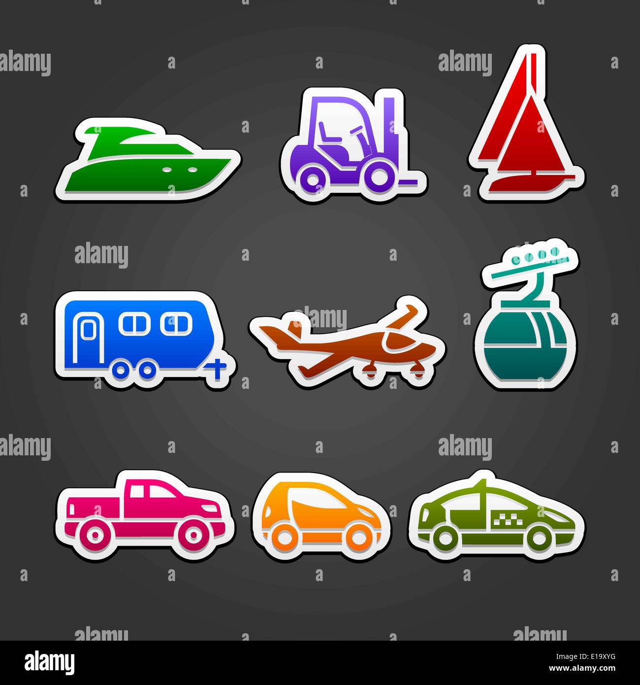 Set labels multicolor transport icons, design element Stock Vector