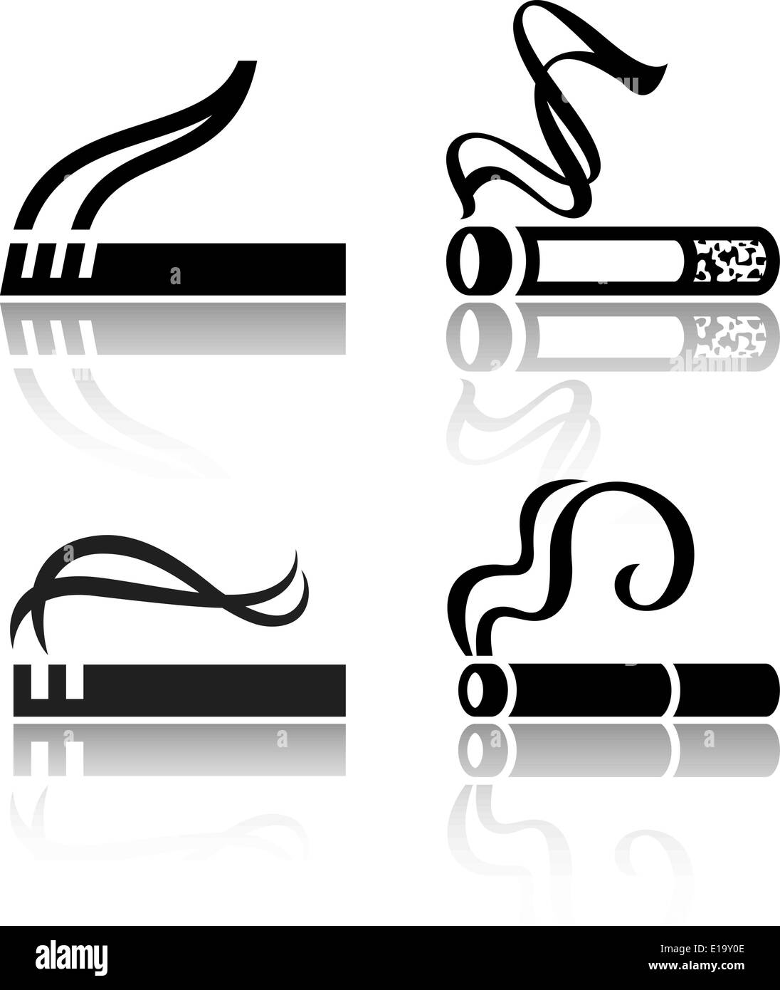 The set of black symbols cigarettes. Silhouettes of vectorial illustrations isolated on white background, with reflection. Stock Vector