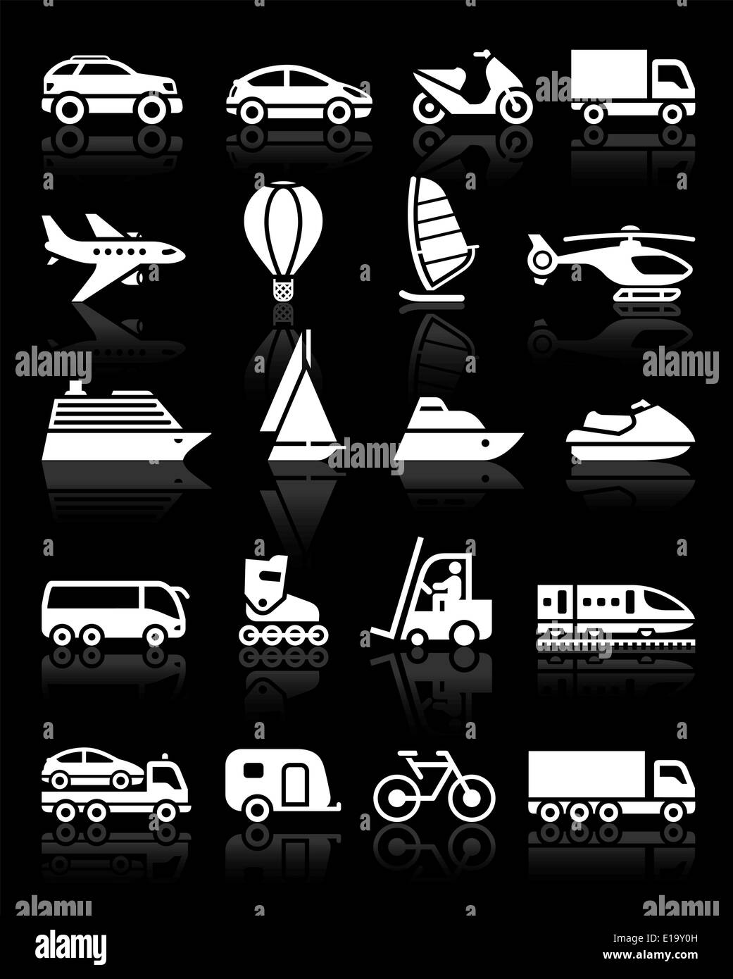 Set of simple transport icons with reflection, black background Stock Vector