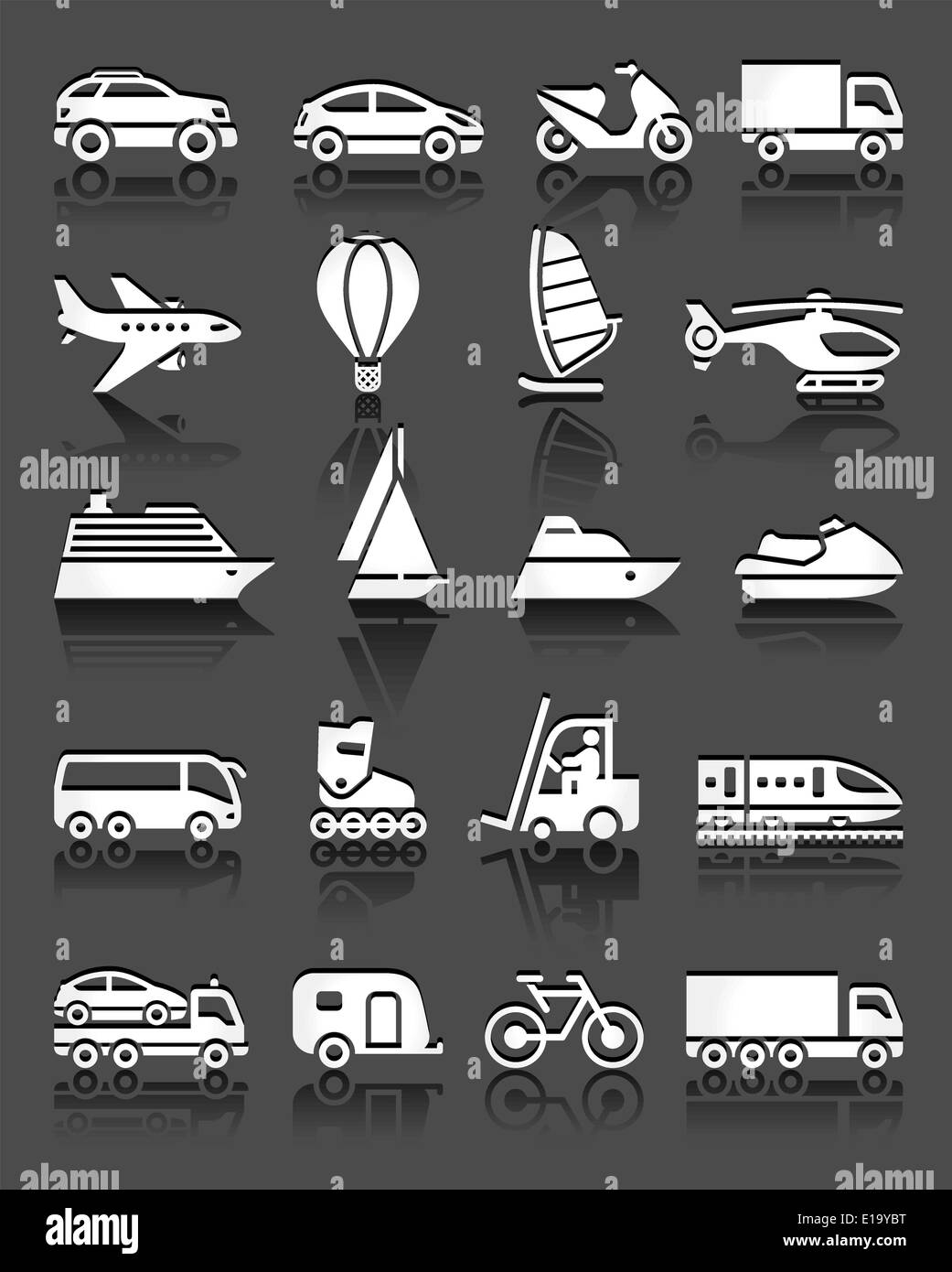 Set of simple transport icons with reflection, gray background Stock Vector