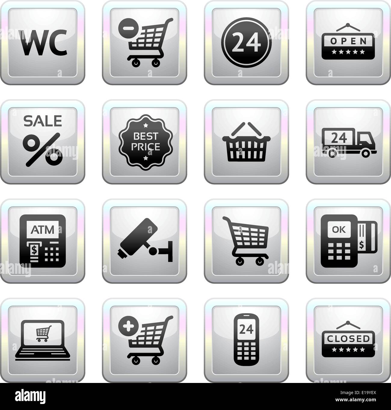 Set pictograms supermarket services, Shopping Icons. Gray. Web 2.0 ...