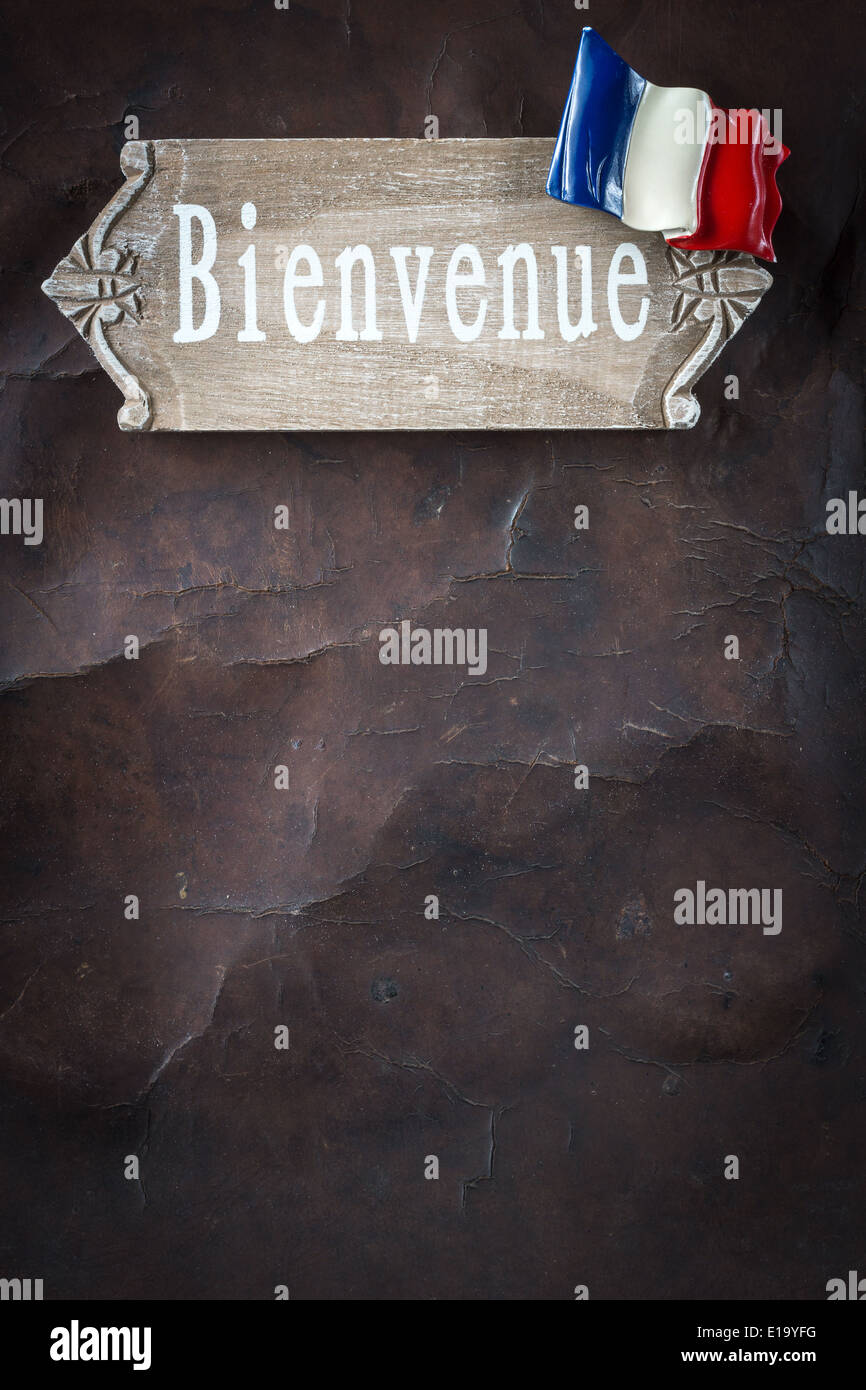 Welcome to France - wooden Sign on old Leather Stock Photo - Alamy