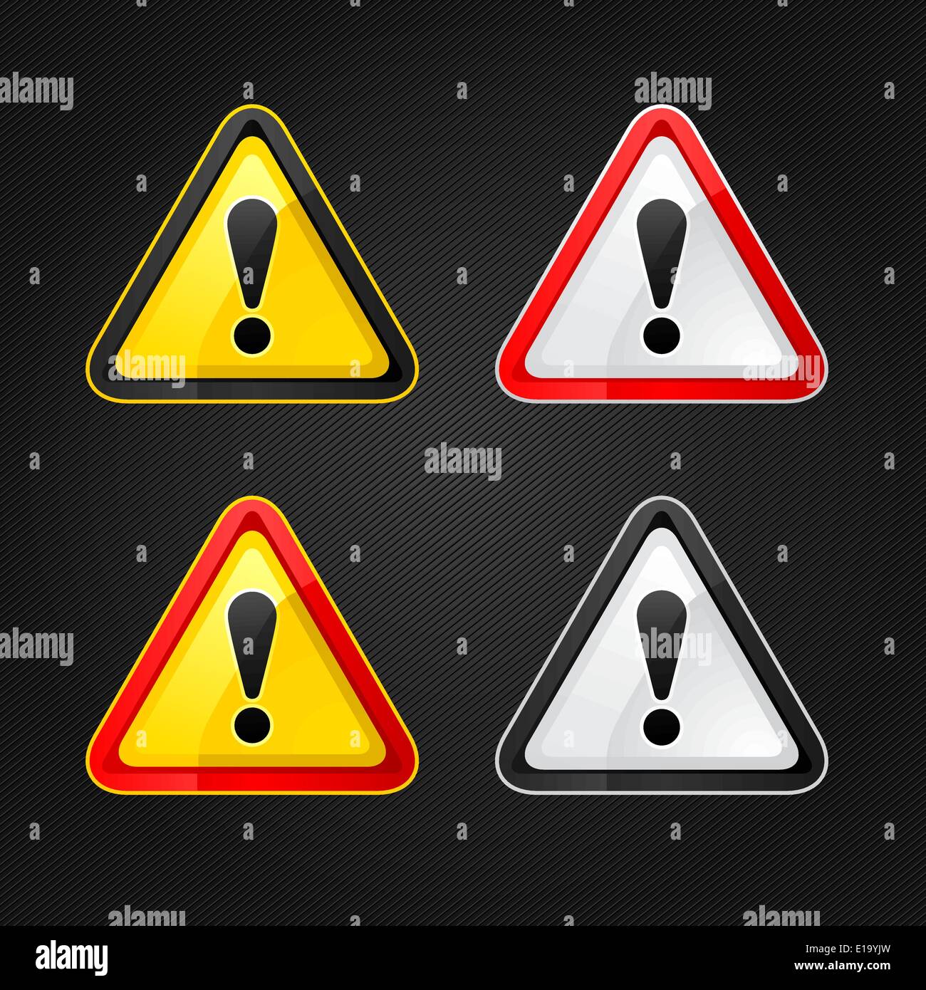 Hazard warning attention sign set on a metal surface Stock Vector