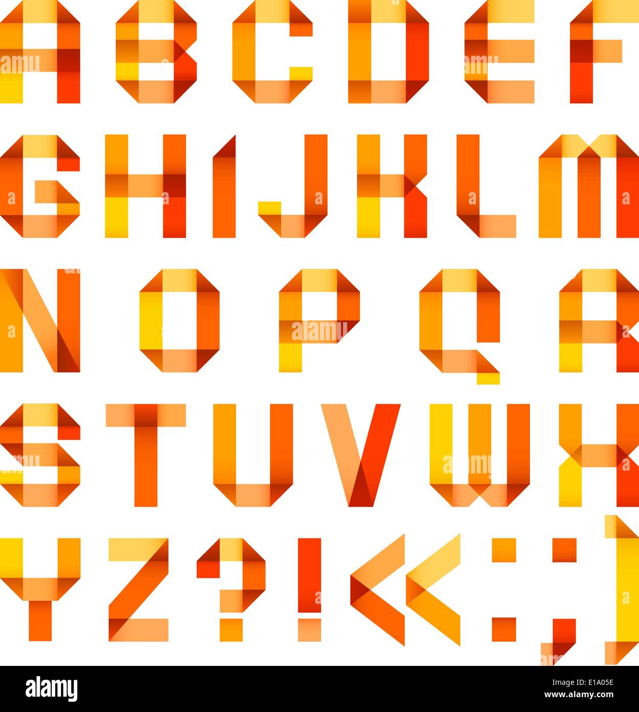 Spectral letters folded of paper ribbon-orange - Roman alphabet (A, B, C, D, E, F, G, H, I, J, K, L, M, N, O, P, Q, R, S, T, U,  Stock Vector