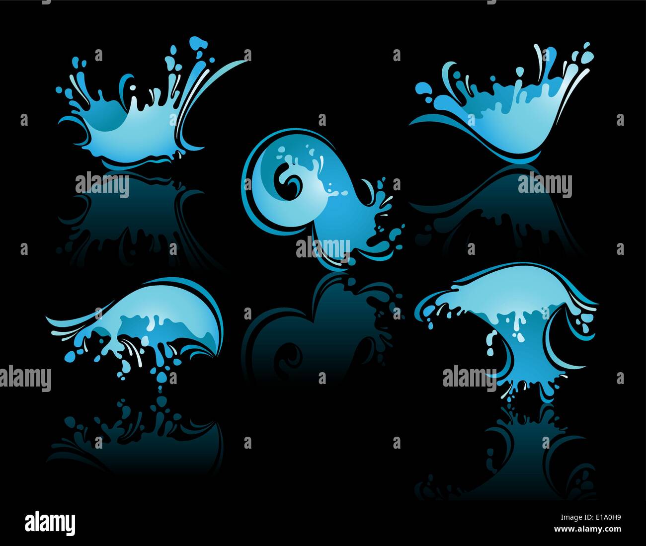 Splashing Waves and Water with reflection on black background Stock Vector