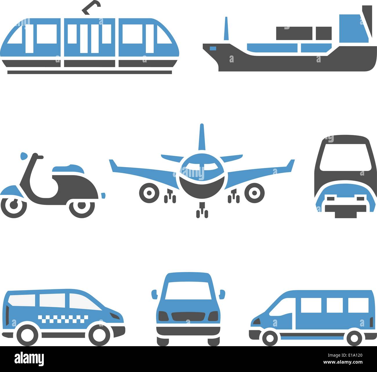 Transport Icons - A set of ninth. Vector illustrations, set silhouettes isolated on white background. Bicolor (blue and gray col Stock Vector