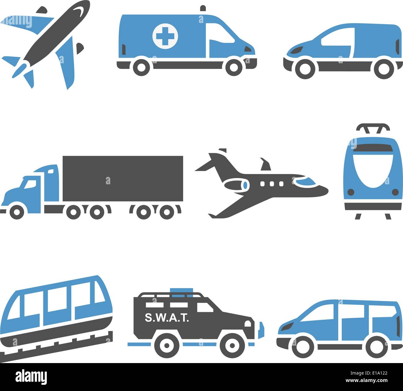 Transport Icons - A set of seventh. Vector illustrations, set silhouettes isolated on white background. Bicolor (blue and gray c Stock Vector