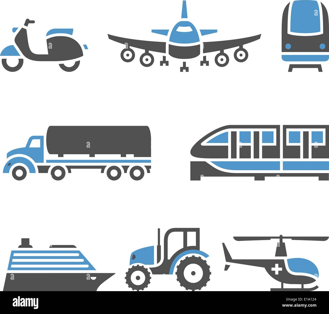 Transport Icons - A set of tenth. Vector illustrations, set silhouettes isolated on white background. Bicolor (blue and gray col Stock Vector