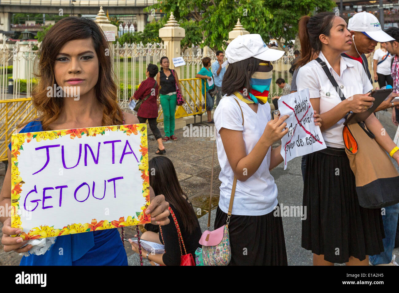 Protesters at anti coup demonstration, Bangkok, Thailand Stock Photo