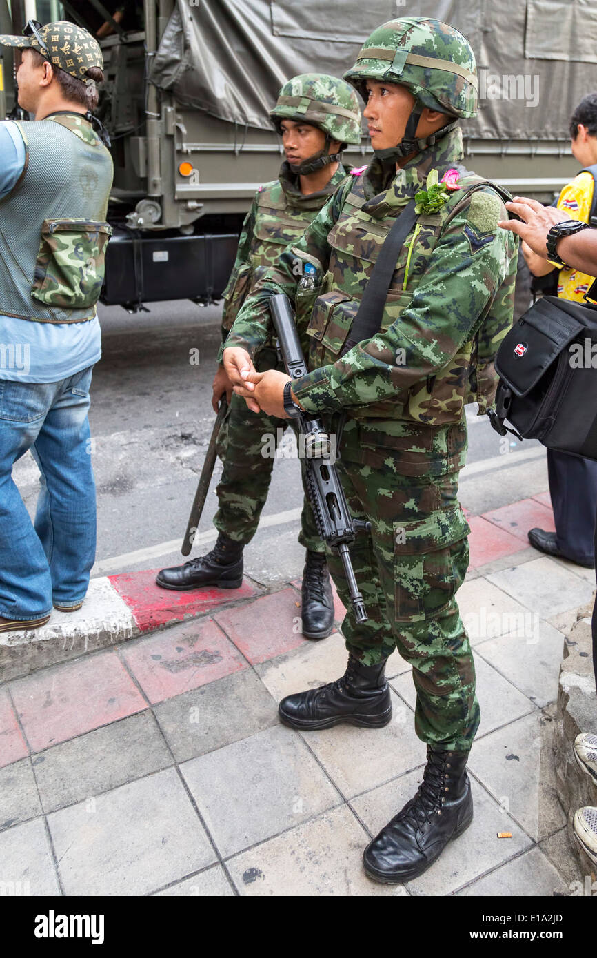 Army at anti coup demonstration, Bangkok, Thailand Stock Photo