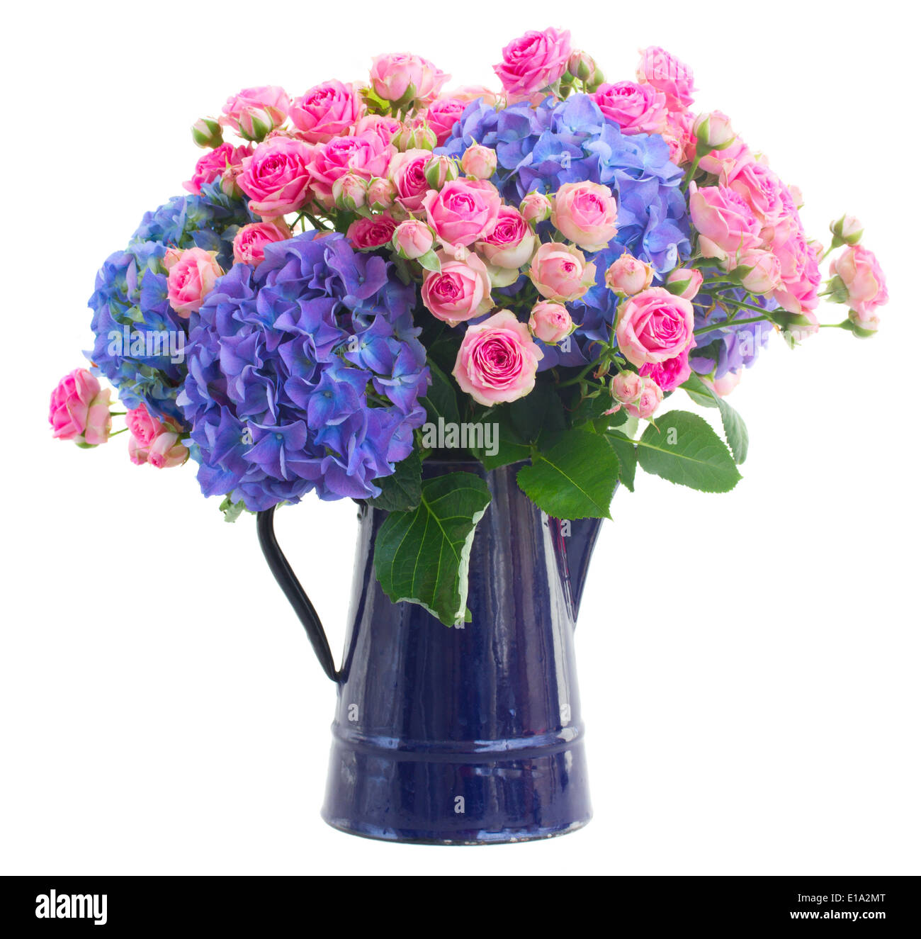 bouquet fresh pink roses and blue hortensia flowers Stock Photo - Alamy