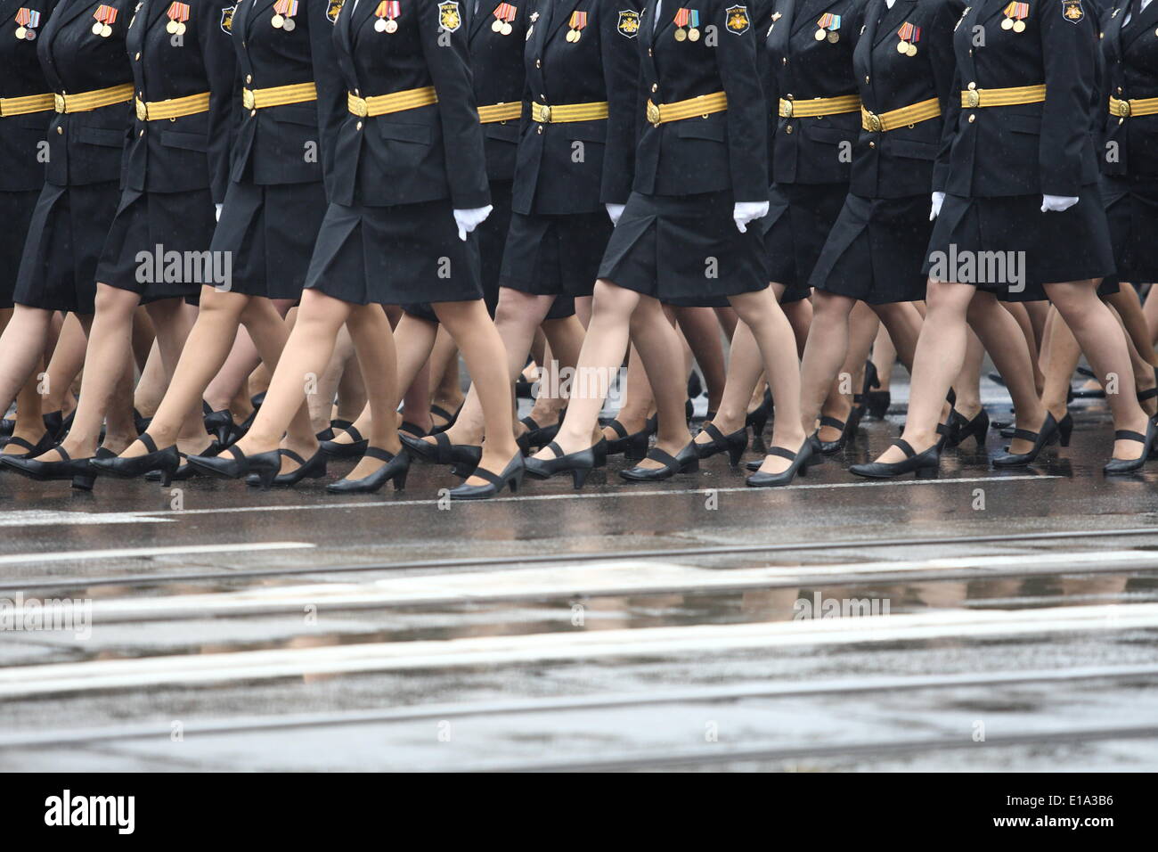 Kaliningrad, RUSSIA. 9th May, 2014. Kaliningrad, Russia 9th, May 2014 Russian female soldiers march during a large military parade in Kaliningrad, Russia, to mark Victory Day, May 9, 2014. Thousands of Russian troops marched today throughout the country to mark 69 years since victory in World War II in a show of military might amid tensions in Ukraine following Moscow's annexation of Crimea. © Michal Fludra/NurPhoto/ZUMAPRESS.com/Alamy Live News Stock Photo