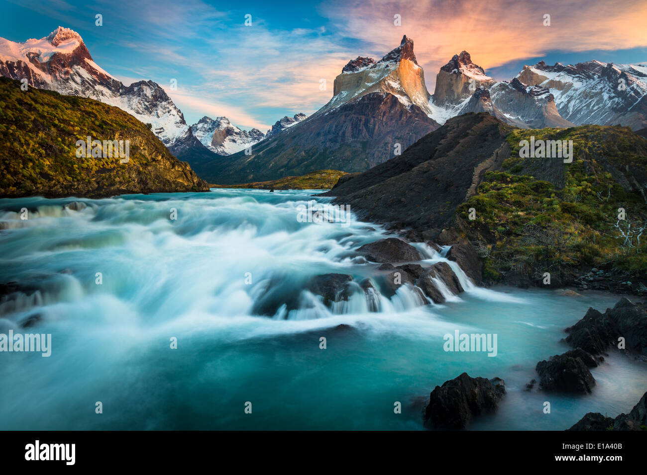 Los Cuernos towering above Salto Grande and Lago Nordenskjold, Torres del Paine, Chilean Patagonia. Stock Photo