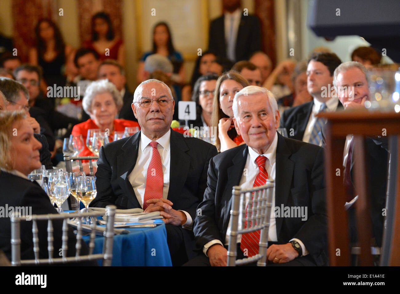 Former Secretary Powell and Former Secretary Lugar Listen to Secretary Kerry's Remarks at Celebration of 90th Anniversary of the U.S. Foreign Service Stock Photo