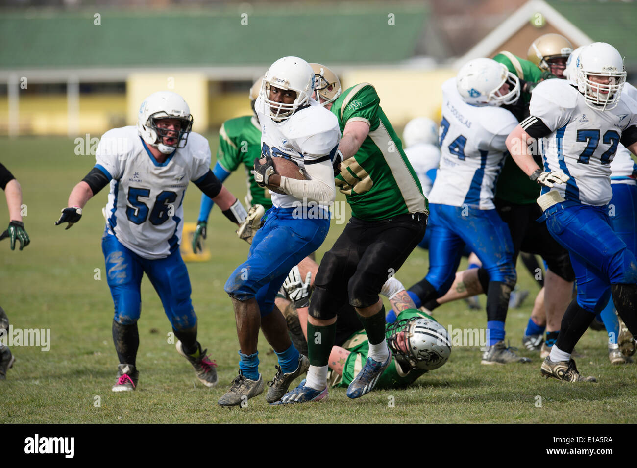 Tarannau, Aberystwyth University american football team (in white) playing a league game Wales UK Stock Photo
