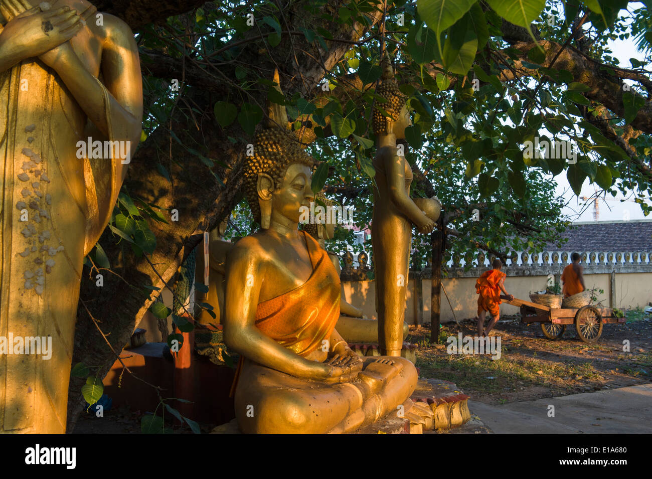 That Luang, Vientiane, Laos. Monks cleaning up after Loy Krathong. Stock Photo