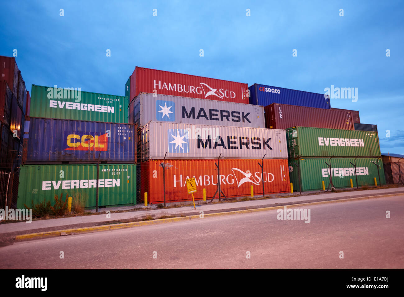 shipping containers piled up at Ushuaia docks Argentina Stock Photo