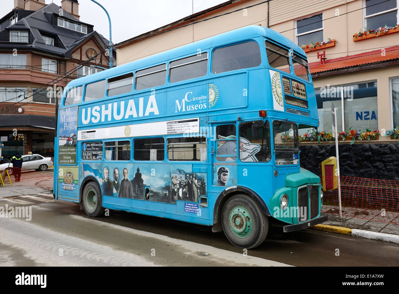 Ushuaia blue city tour bus Argentina Stock Photo