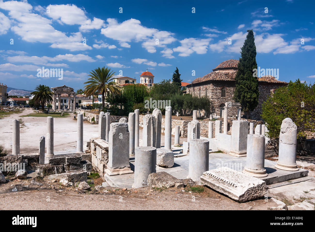 Athens, Greece. Ancient ruins of Roman Agora, city center in Roman Empire greek culture. Stock Photo