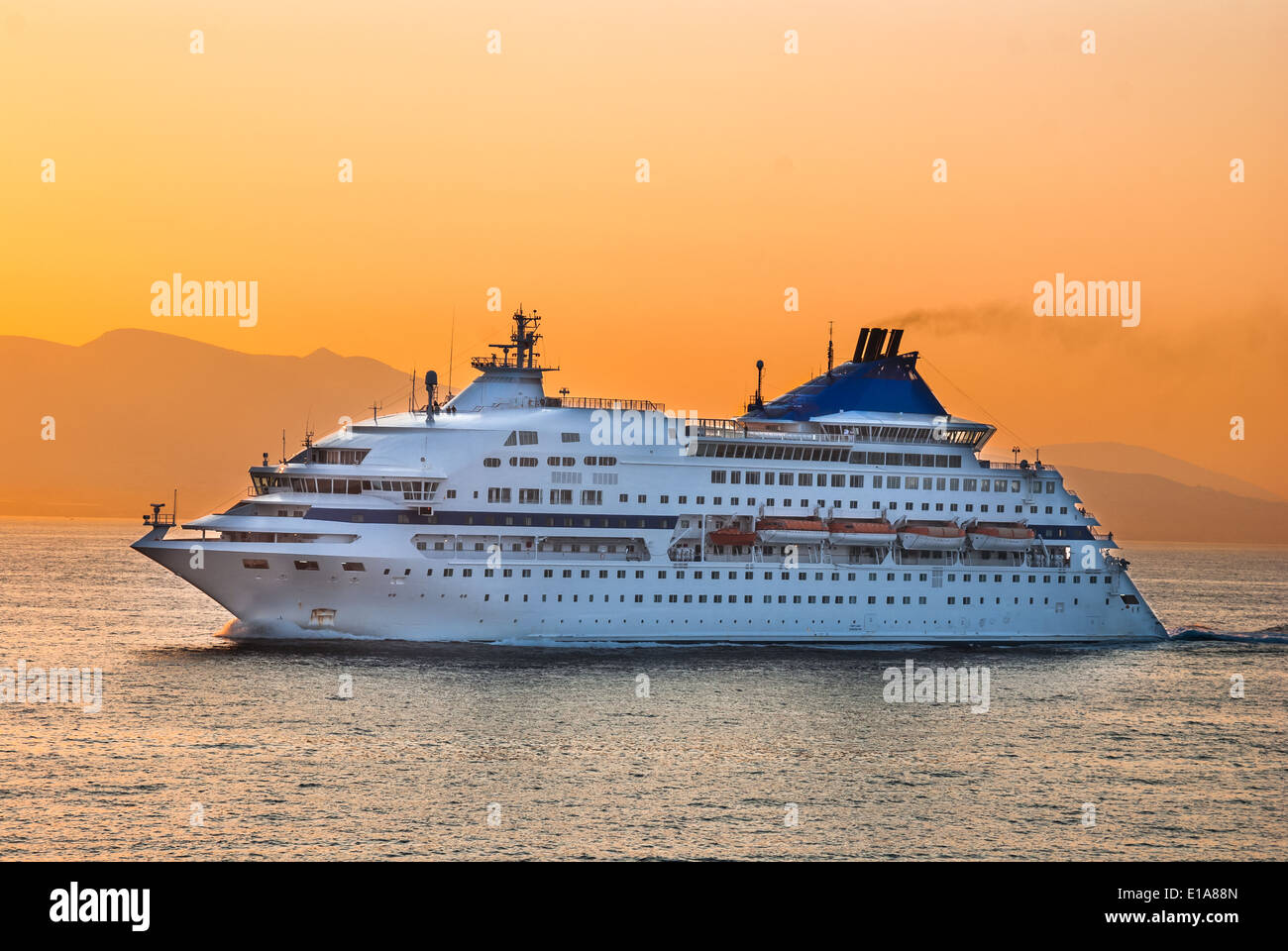 Image with one touristic cruise ship, taken on 17th September 2010, on Aegean Sea, Greek Islands. Stock Photo