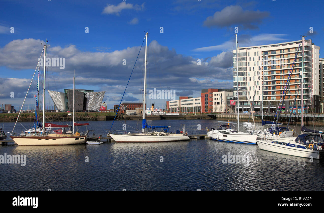 UK, Northern Ireland, Belfast, Titanic Quarter, Harbour Marina, Stock Photo