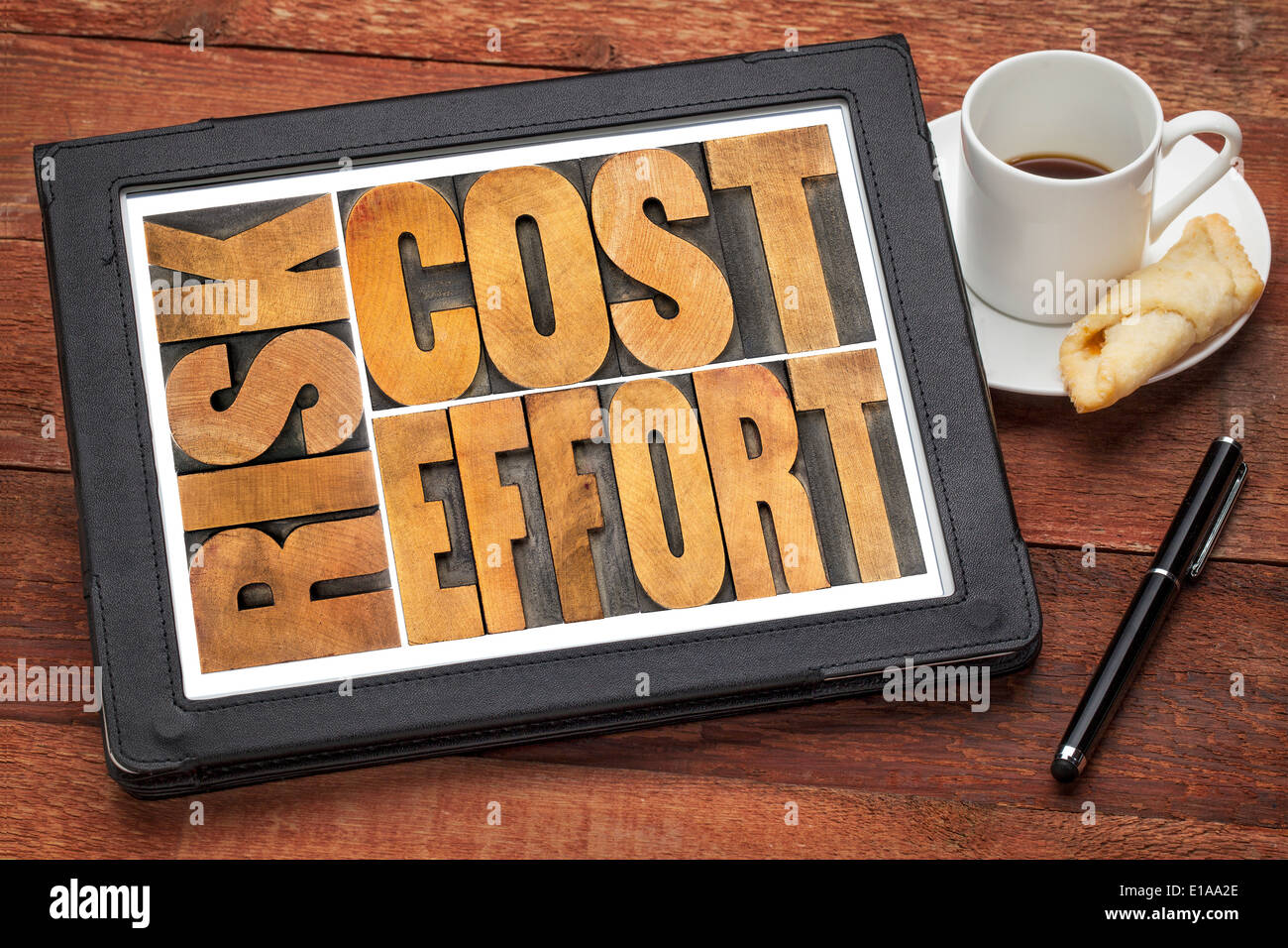 cost, effort, risk - business concept - a word abstract in vintage wood letterpress printing blocks on a digital tablet Stock Photo