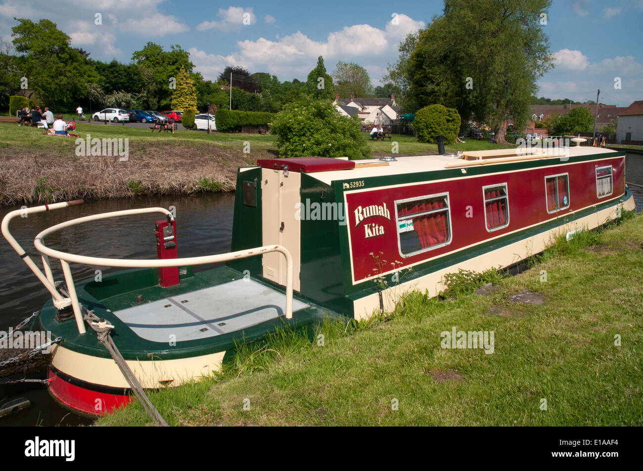 A narrowboat moored alongside the Staffordshire and Worcestershire Canal at Kinver in the Black Country, England Stock Photo