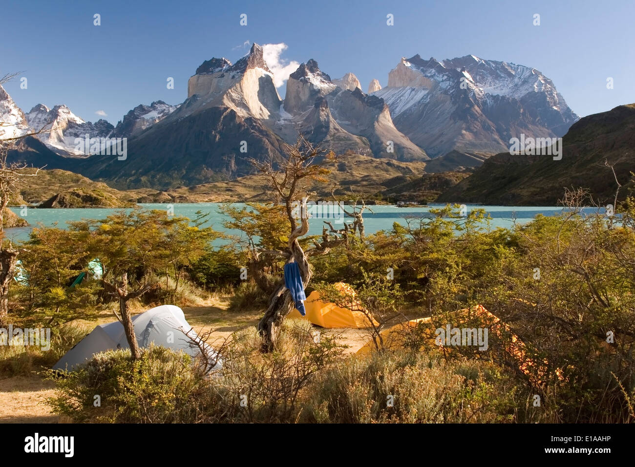 Los Cuernos (the horns) and Lake Pehoe from Camping Pehoe campground,  Torres del Paine National Park, Patagonia, Chile Stock Photo - Alamy