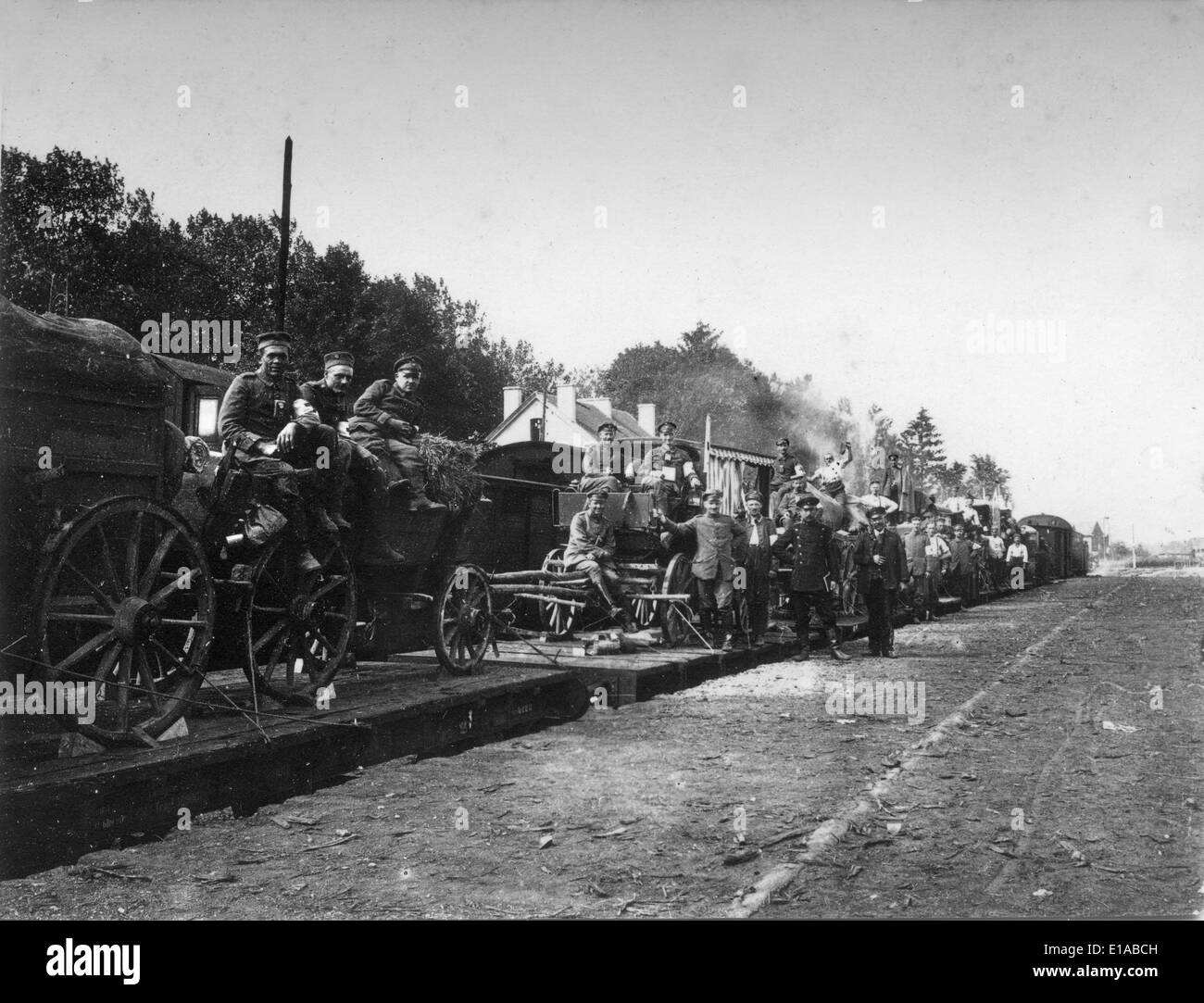 World War 1 German soldiers relaxing troop supplies train France WW1 1916 Stock Photo