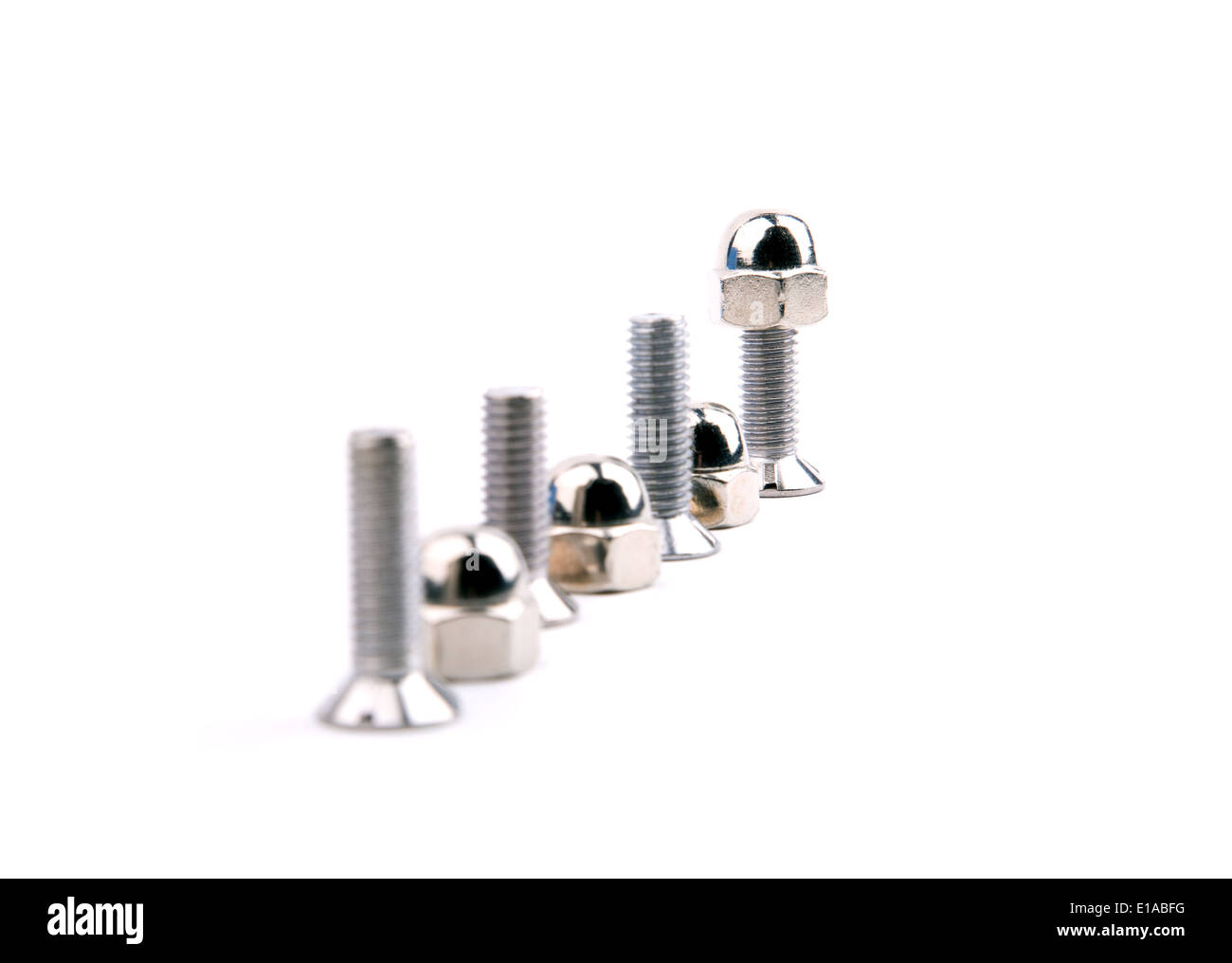 Chrome bolts with spherical nut on white background Stock Photo Alamy