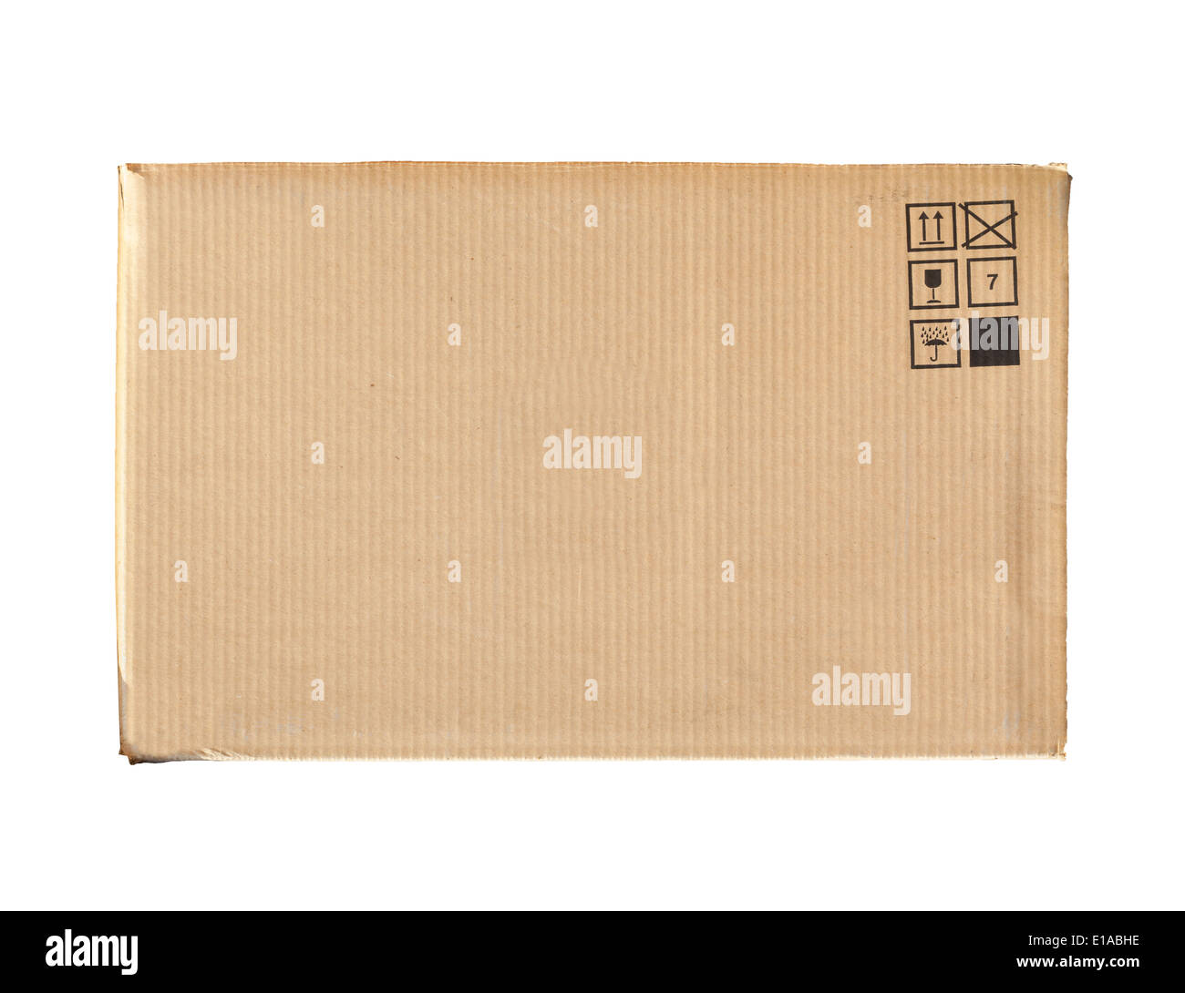 Cardboard box with standard signs isolated on white background Stock Photo