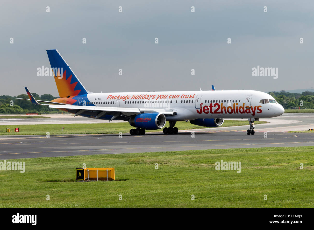 Jet2.Com Boeing 757-200 Series Airliner G-LSAN Taxiing at Manchester International Airport England United Kingdom UK Stock Photo