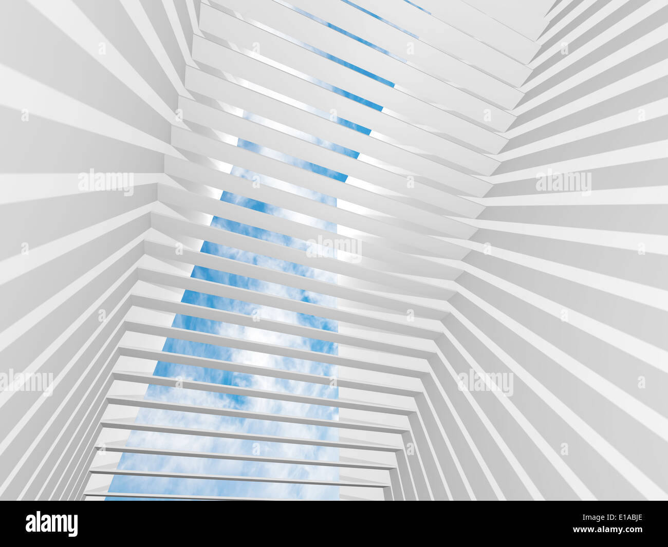 Abstract white 3d interior background with light beams and blue sky ...