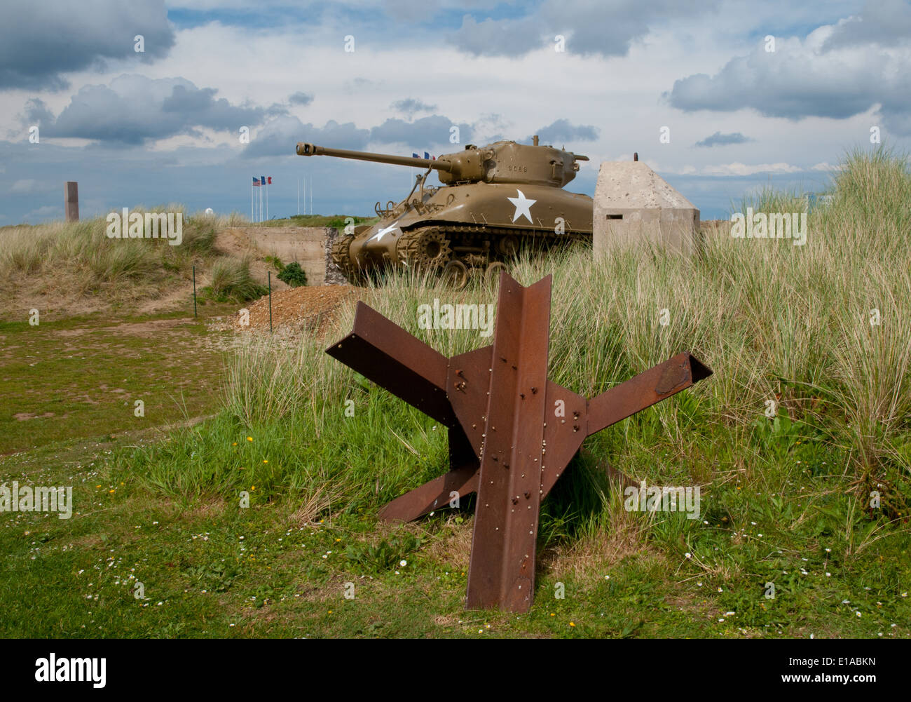 Sherman tank outside Utah Beach Museum, tank obstacle, Normandy Stock Photo