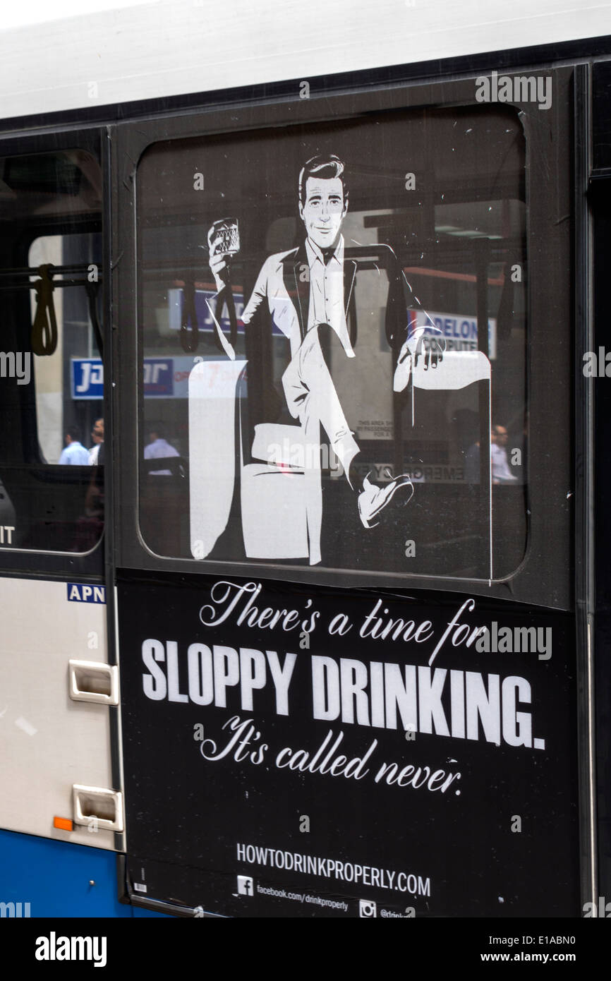 Sydney Australia,Market Street,bus,coach,public service message,sloppy drink drinks drinking,alcoholism,getting drunk,AU140312042 Stock Photo