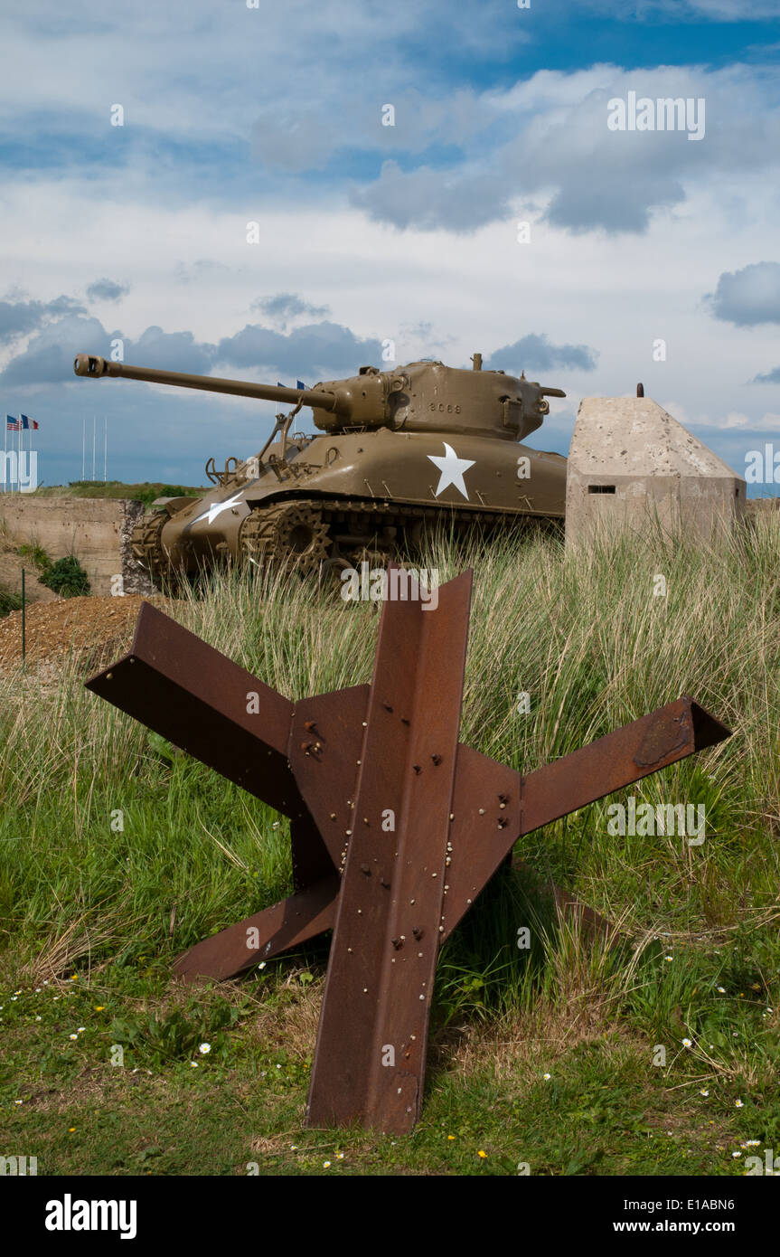 Sherman tank outside Utah Beach Museum, tank obstacle, Normandy Stock