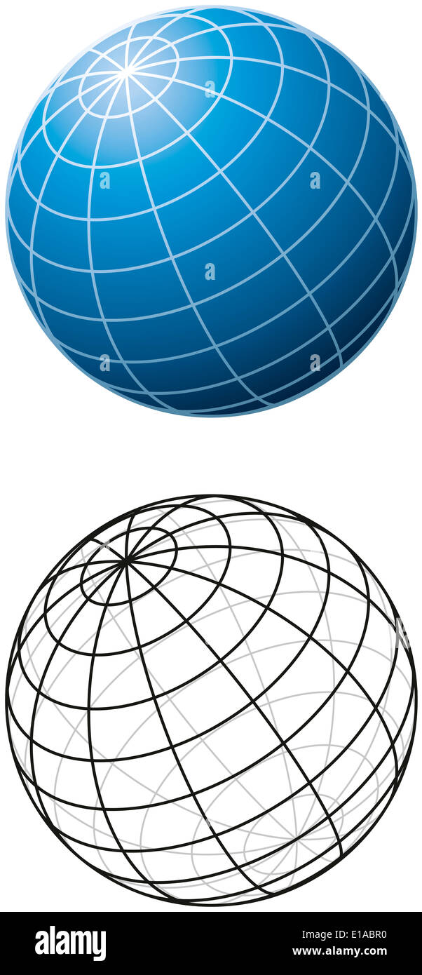 Blue Sphere With Meridians - Three-dimensional blue sphere with grid-lines and outline version. Stock Photo