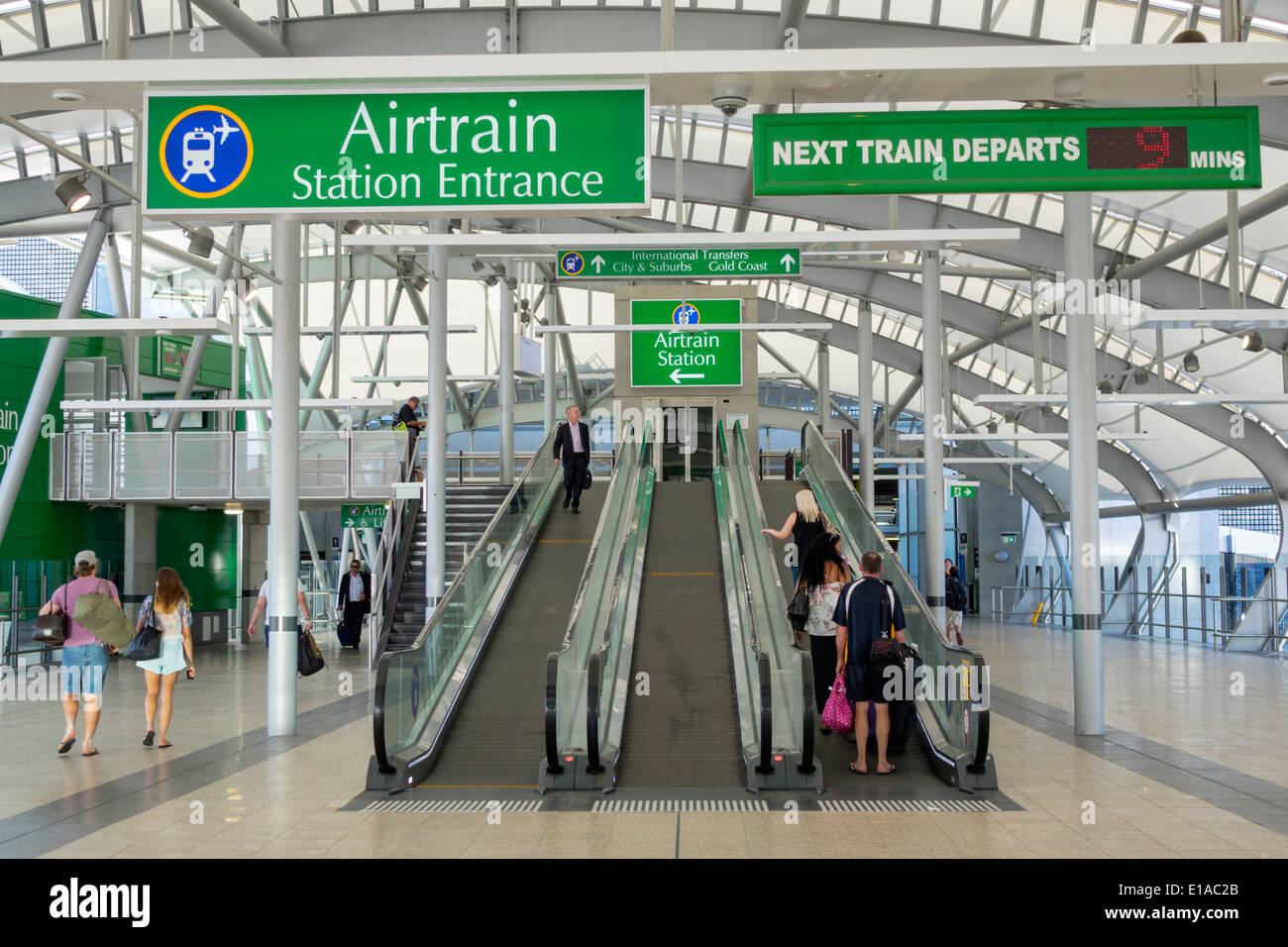 Brisbane Australia,Brisbane Airport,BNE,terminal,Airtrain,station,entrance,escalator,moving sidewalk,walkway,travelator,travolator,AU140312089 Stock Photo