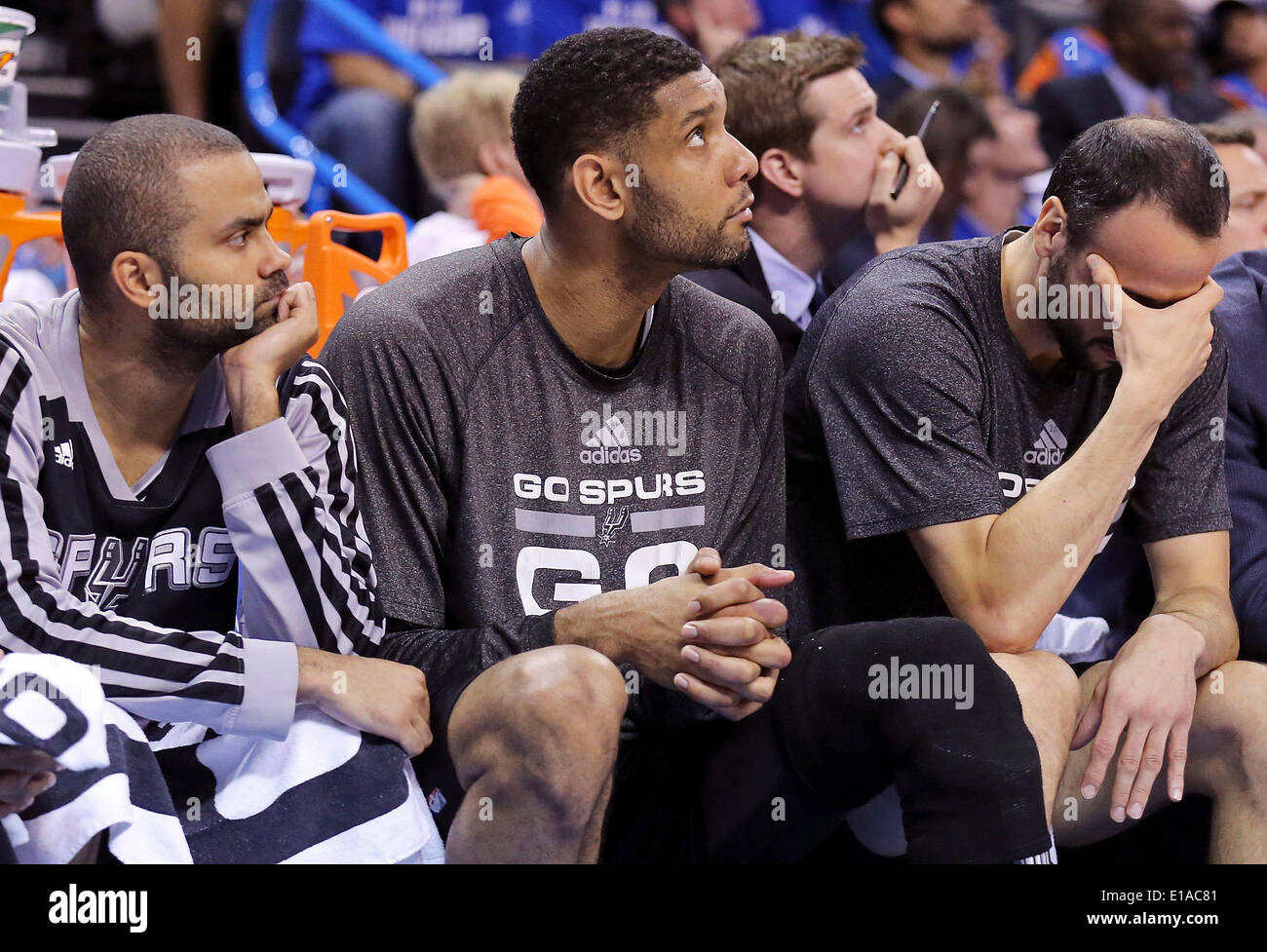 May 27, 2014 - Oklahoma City, OKLAHOMA, USA - San Antonio Spurs' Tony Parker (from left), Tim Duncan, and Manu Ginobili watch second half action in Game 4 of the Western Conference Finals against the Oklahoma City Thunder from the bench Tuesday May 27, 2014 at Chesapeake Energy Arena in Oklahoma City, OK. (Credit Image: © San Antonio Express-News/ZUMAPRESS.com) Stock Photo