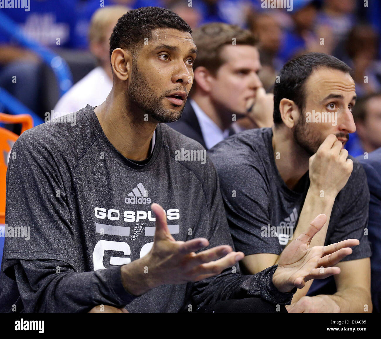May 27, 2014 - Oklahoma City, OKLAHOMA, USA - San Antonio Spurs' Tim Duncan, and Manu Ginobili watch second half action in Game 4 of the Western Conference Finals against the Oklahoma City Thunder from the bench Tuesday May 27, 2014 at Chesapeake Energy Arena in Oklahoma City, OK. (Credit Image: © San Antonio Express-News/ZUMAPRESS.com) Stock Photo