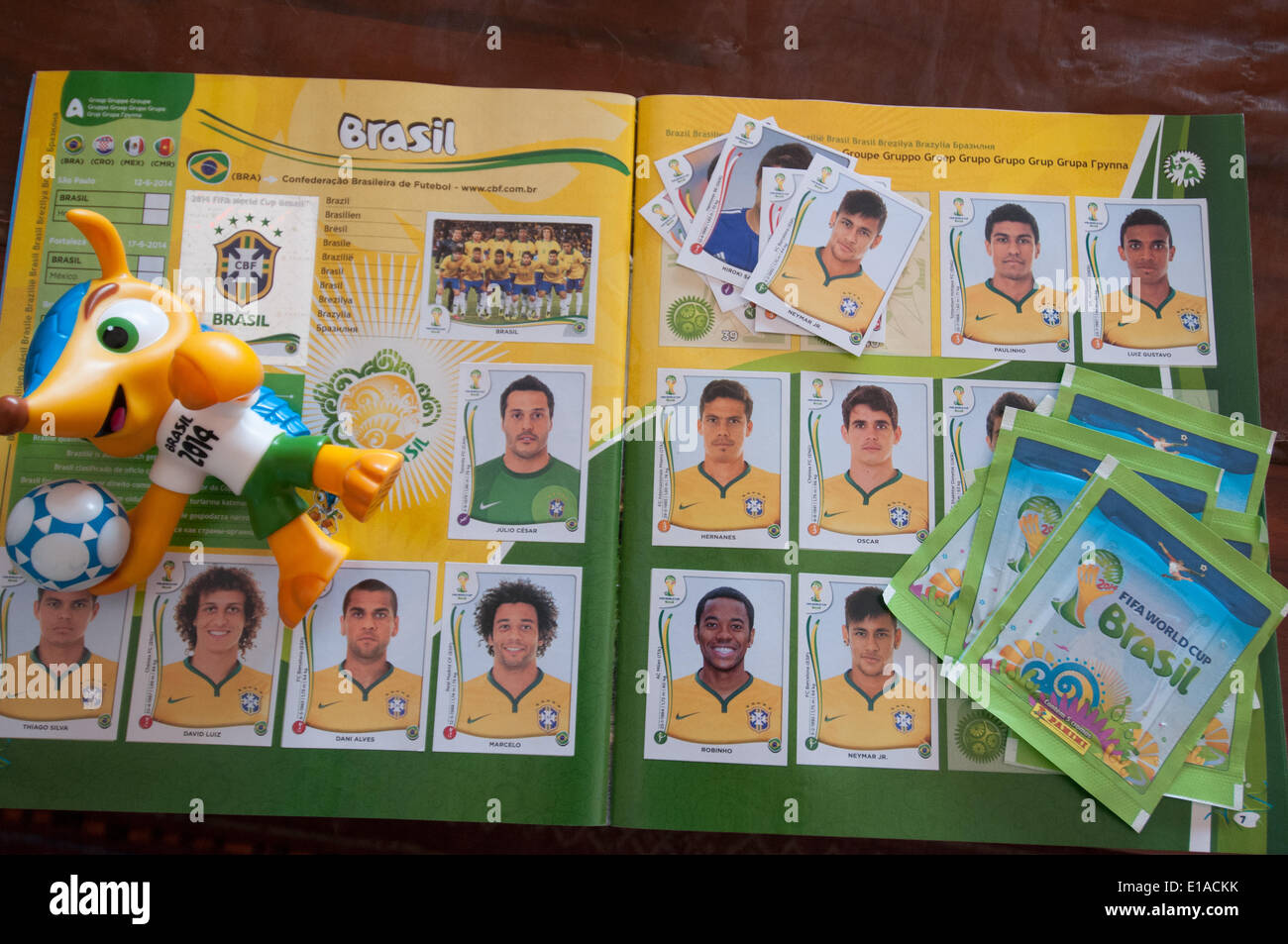 Collector cards and the Mascot of the World Cup 2014 in Brasilia Brazil, in anticipation of the June 2014 soccer games Stock Photo