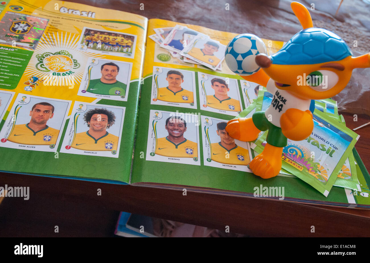 Collector cards and the Mascot of the World Cup 2014 in Brasilia Brazil, in anticipation of the June 2014 soccer games Stock Photo
