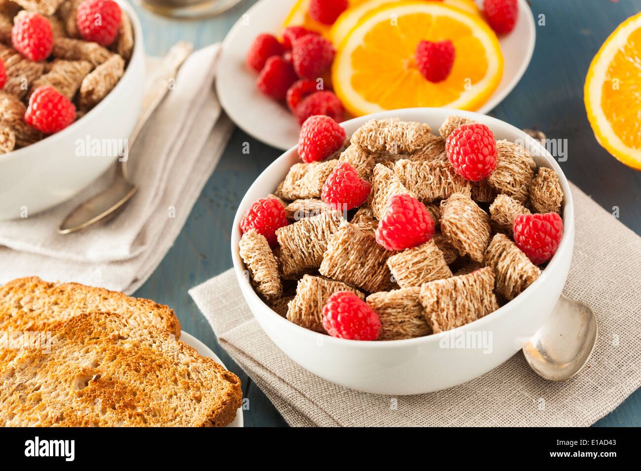 Healthy Whole Wheat Shredded Cereal with Fruit for Breakfast Stock