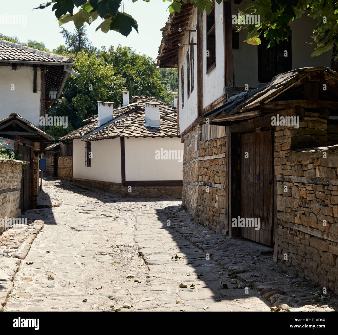 Street with old houses in Varosha quarter, Lovech town, Bulgaria Stock Photo