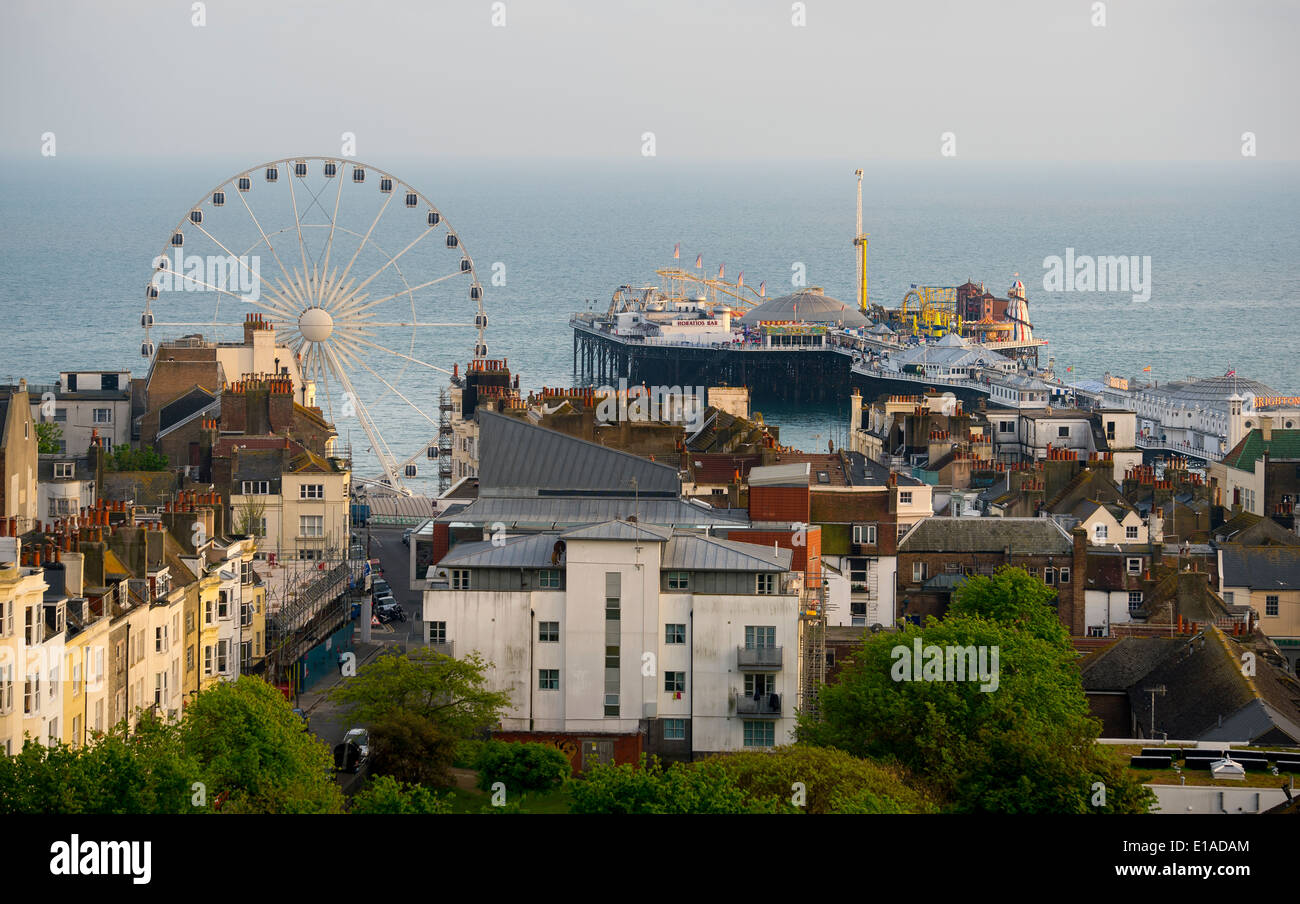 A view of he Brighton Wheel and the Brighton pier from high up. Stock Photo
