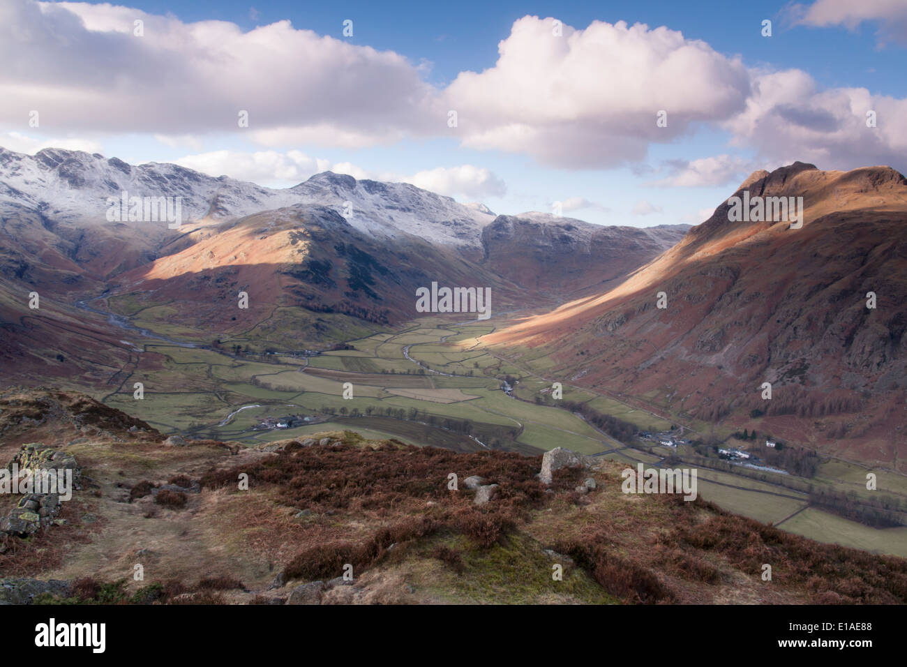 Crinkle Crags, Bow fell and the Langdale valley seen from Pike Of Blisco Stock Photo