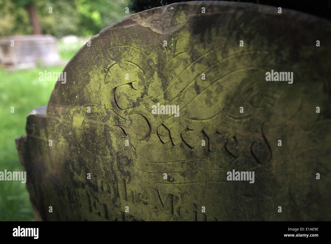 Headstone of a grave with the word Sacred carved into the stonework Stock Photo